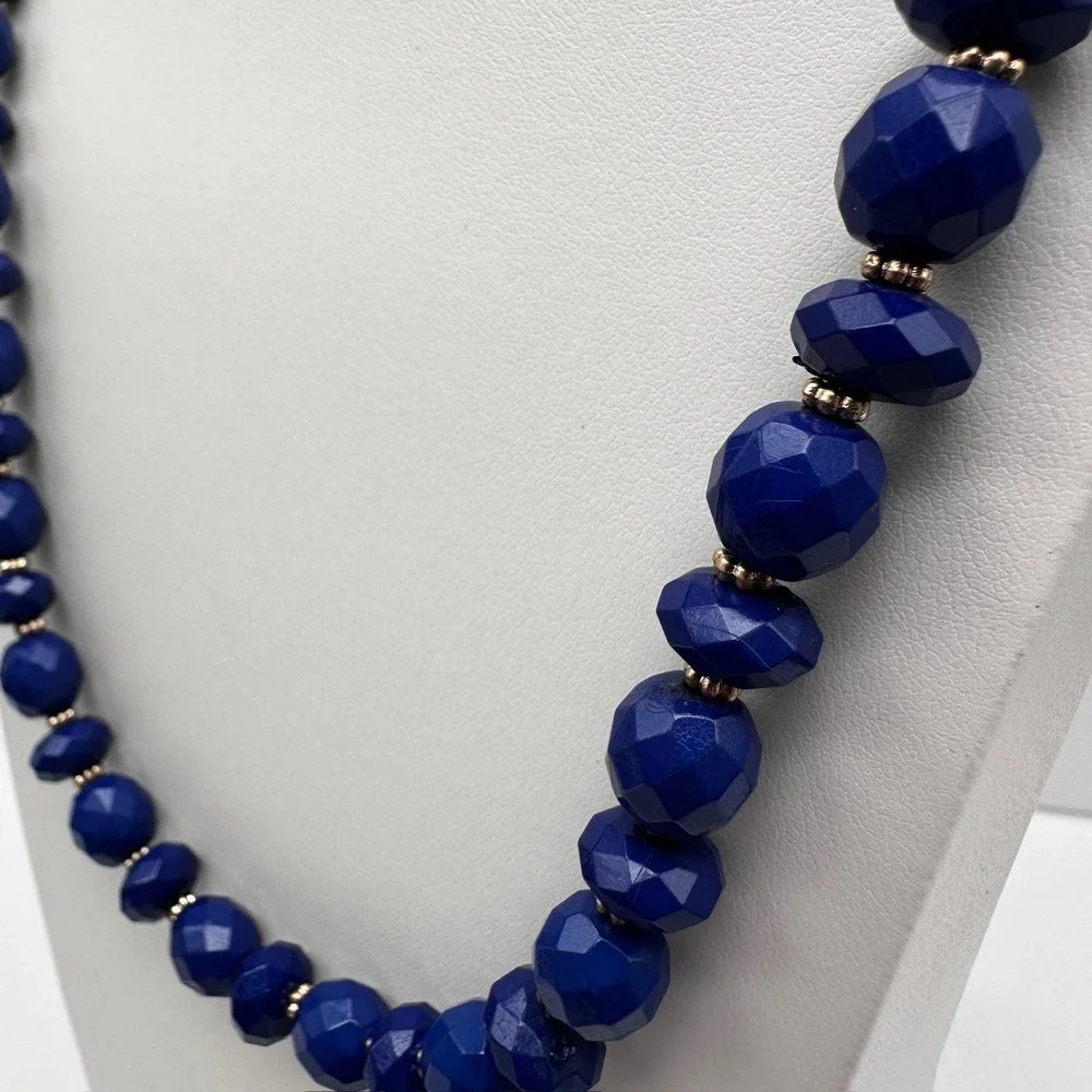 Vintage 90s Gold Tone Blue Faceted Beaded Statement Necklace Women's Jewelry Y2K